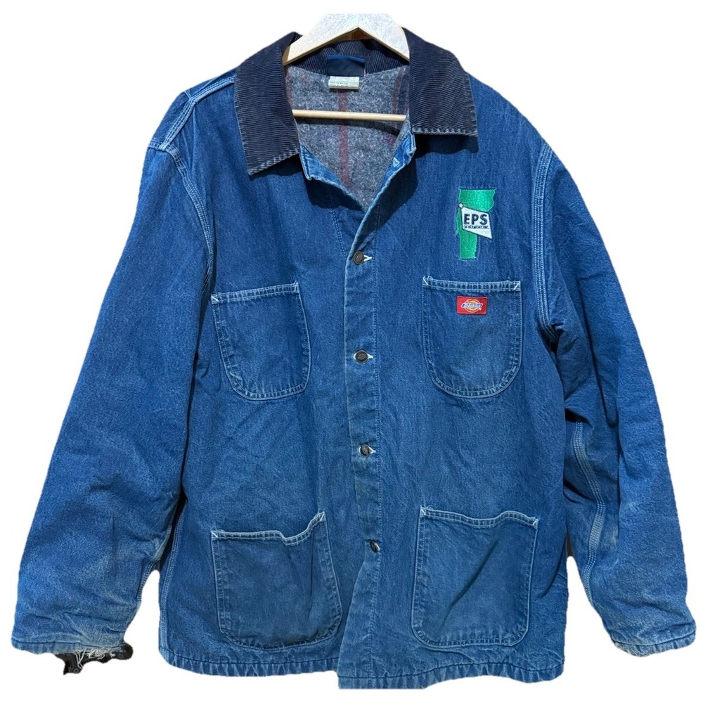 VTG 90's Dickies Men's Denim Barn Chore Work Jacket XL 46 Blanket Lined w‎ Logo